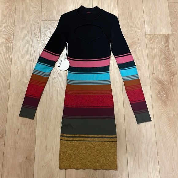 STAUD Clara Stripe Cutout Ribbed Long Sleeve Sweater Dress, sz S - Picture 5 of 15